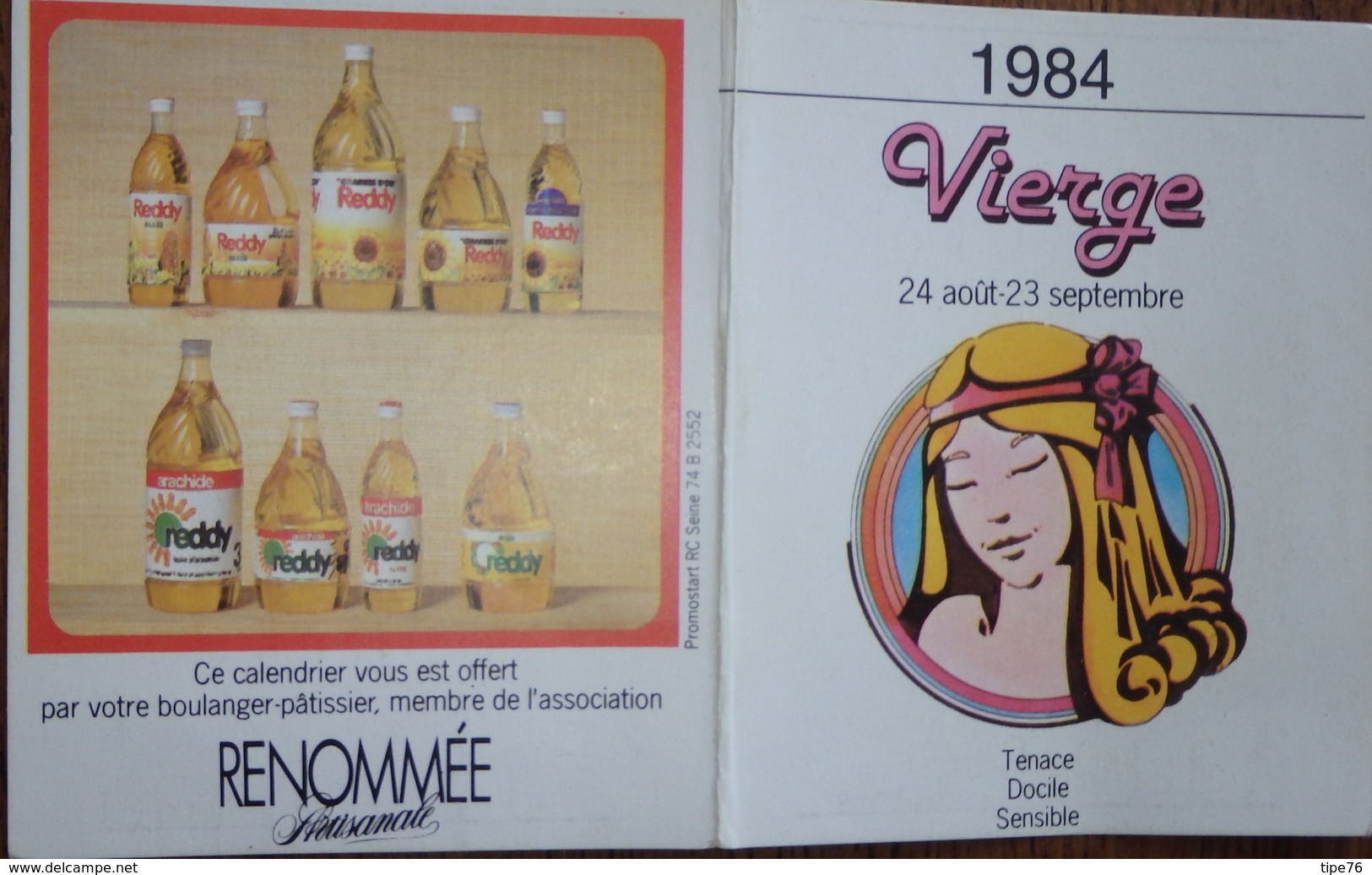 Petit Calendrier Poche 1984 Astrologie Signe Zodiaque Vierge Publicité Huile Reddy Tournesol Arachide Maïs - Tamaño Pequeño : 1981-90