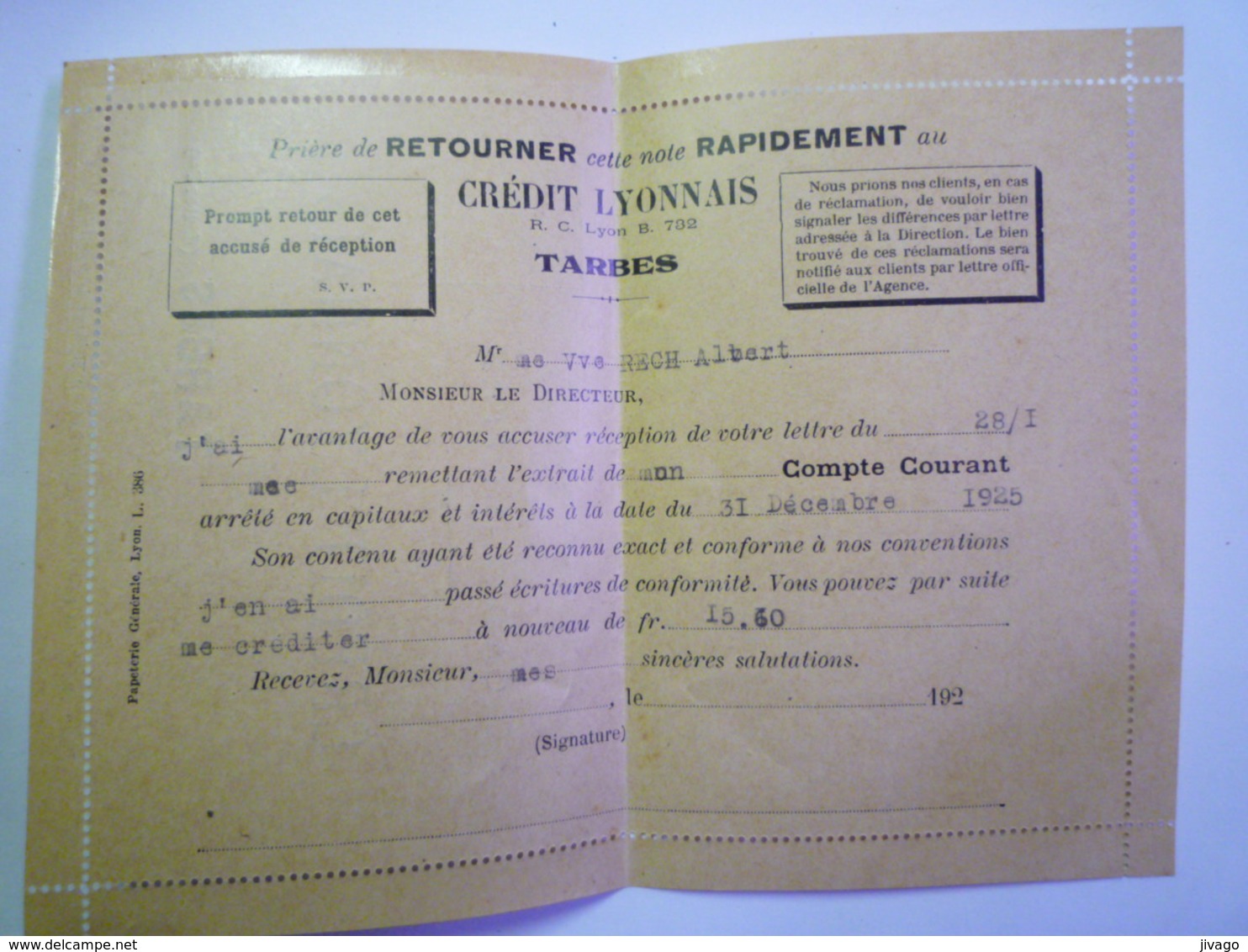 2020 - 5071  CARTE-LETTRE  2 Volets  "CREDIT LYONNAIS  TARBES"   XXX - Zonder Classificatie