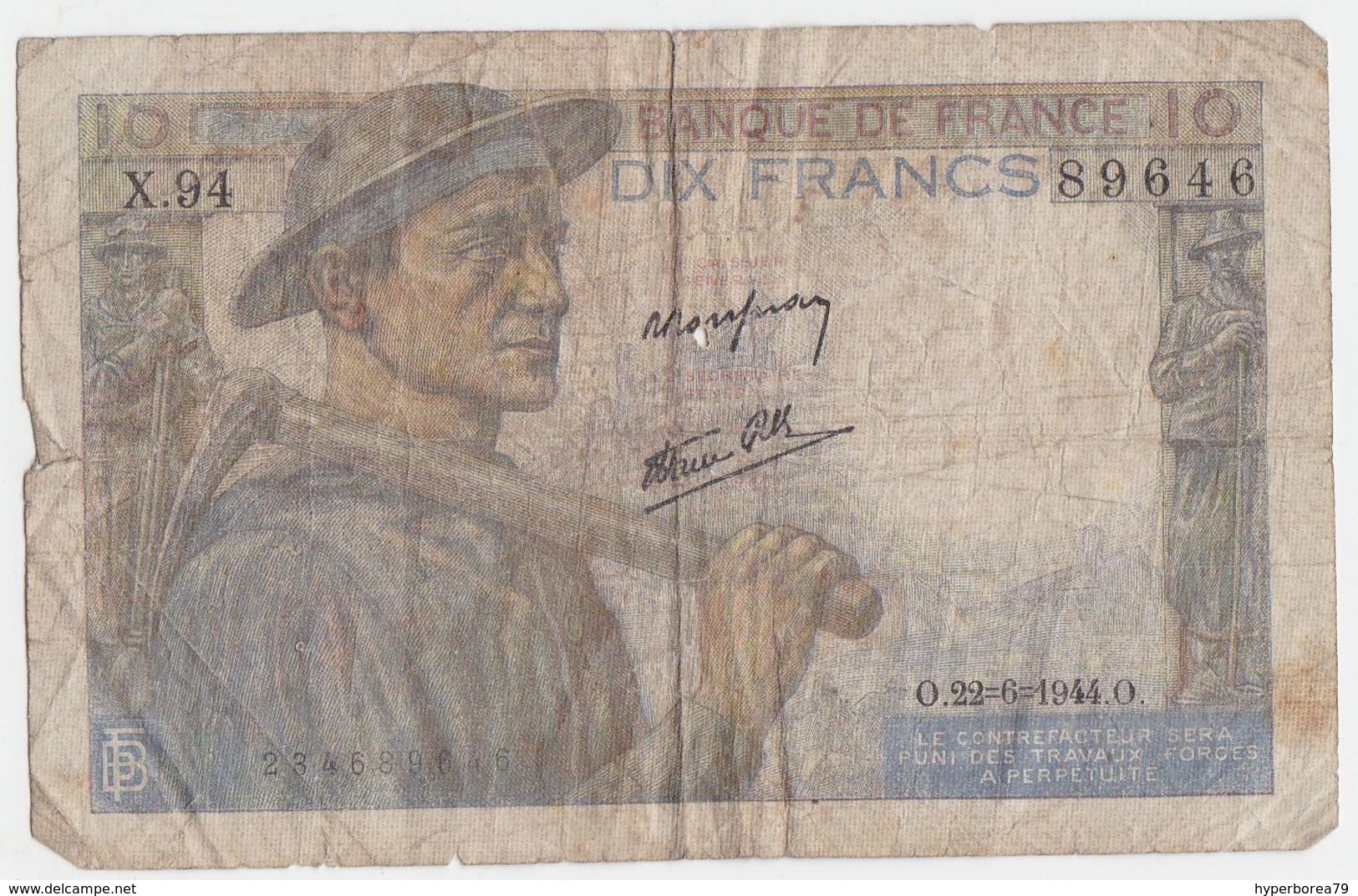 France P 99 E - 10 Francs 22.6.1944 - Fine - 5 F 1943-1947 ''Berger''