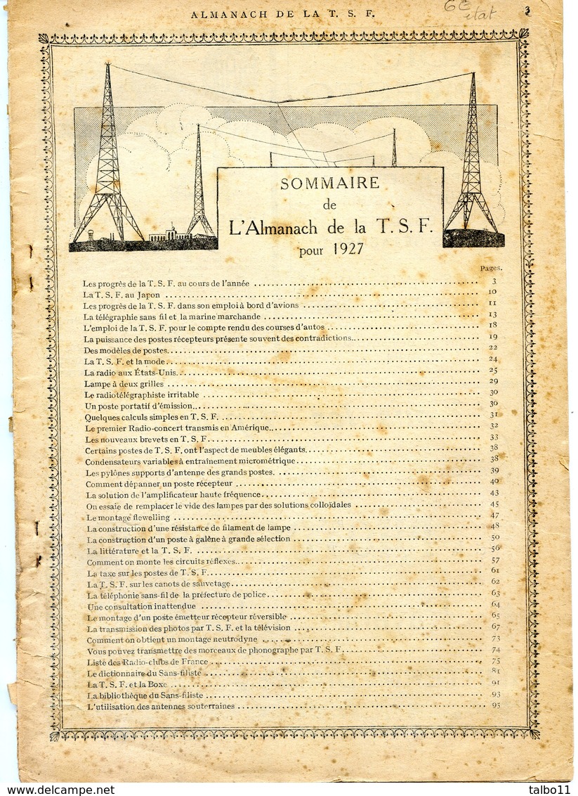 Almanach De La T S F Pour 1927 - Manque La Couverture - 96 Pages Tres Documentées Nombreuses Photo - Voir Sommaire - Audio-Video