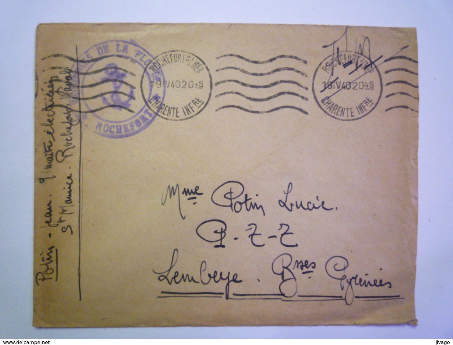 2020 - 5081  Enveloppe Avec CACHET  " MESSAGERIES DE LA FLOTTE  -  ROCHEFORT "  1940    XXX - Zonder Classificatie