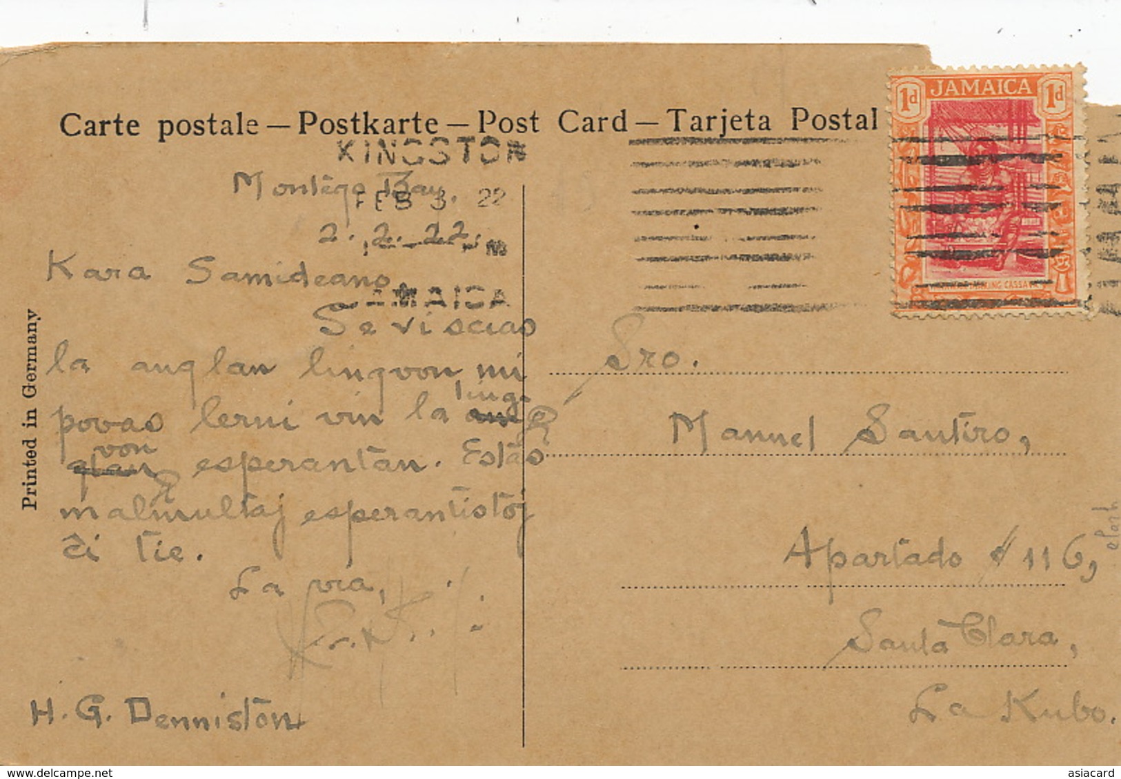 Through The Bogue Islands Montego Bay . Esperanto To Santa Clara Cuba  Damaged Top Left Corner - Jamaïque