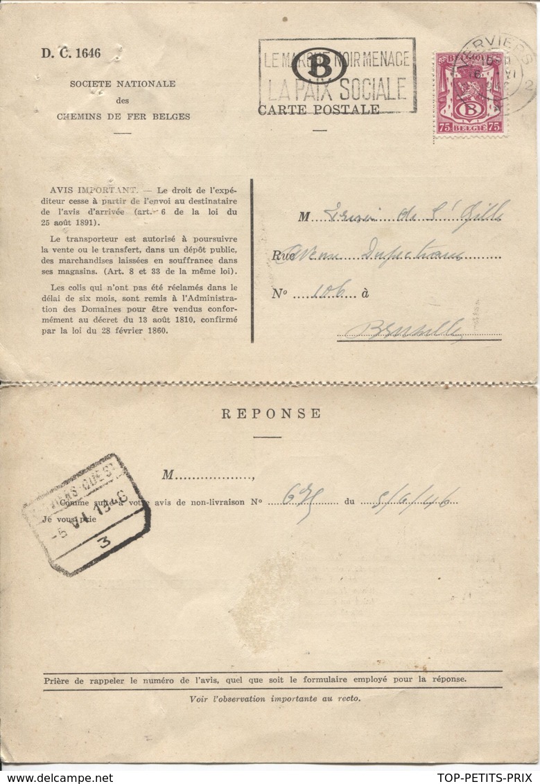 REF849/ TP S40 S/Document SNCB Avec Réponse C.Verviers 6/6/1946 + C.CF Verviers Ouest 5/6/1946 - Altri & Non Classificati