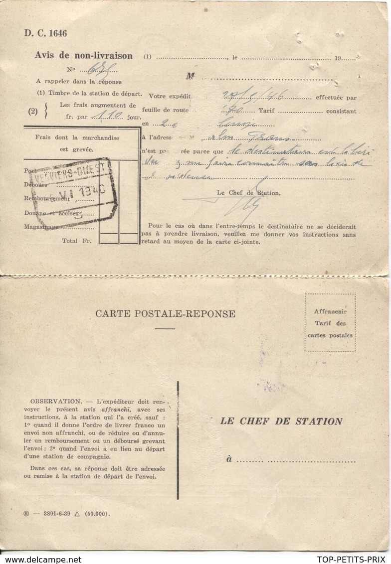 REF849/ TP S40 S/Document SNCB Avec Réponse C.Verviers 6/6/1946 + C.CF Verviers Ouest 5/6/1946 - Otros & Sin Clasificación