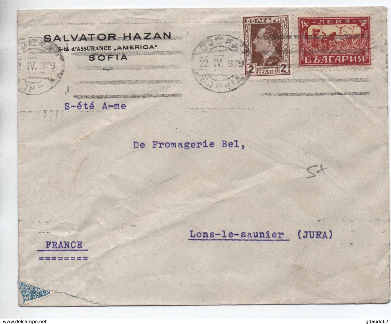 1929 - ENVELOPPE COMMERCIALE De SOFIA Pour LONS LE SAUNIER (JURA) - Storia Postale
