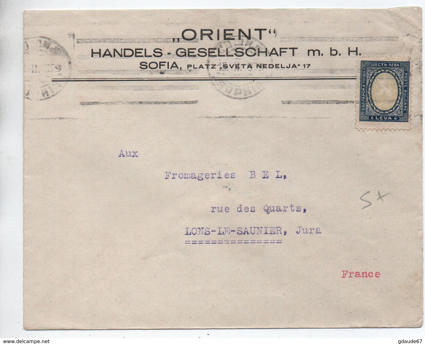 1929 - ENVELOPPE COMMERCIALE De SOFIA Pour LONS LE SAUNIER (JURA) - Briefe U. Dokumente