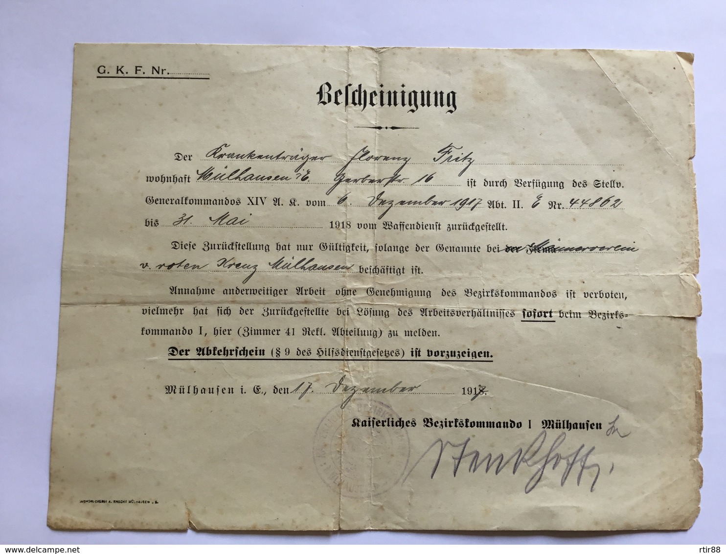 Document Allemand Hôpital Militaire De Mulhouse 1917 1914-18 1 - 1914-18