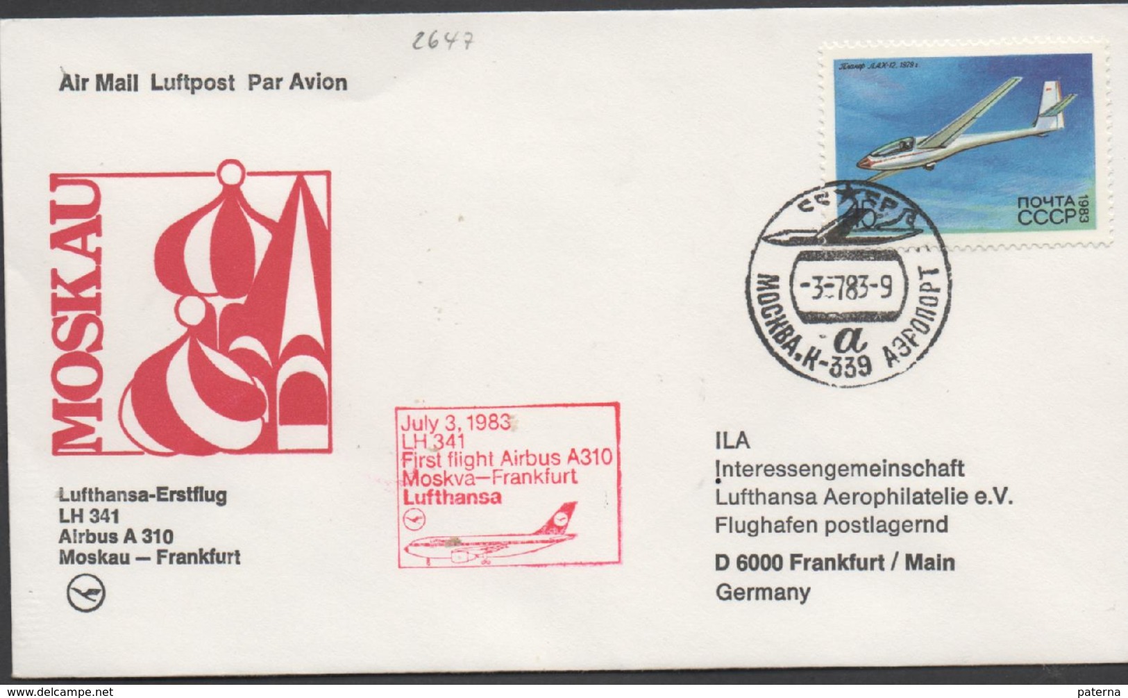 3494 Carta   Aérea, 1º Vuelo,First Flight , Avión  Lufthansa  , Moskau--Frankfurt Airbus A310 , 1983, - Lettres & Documents