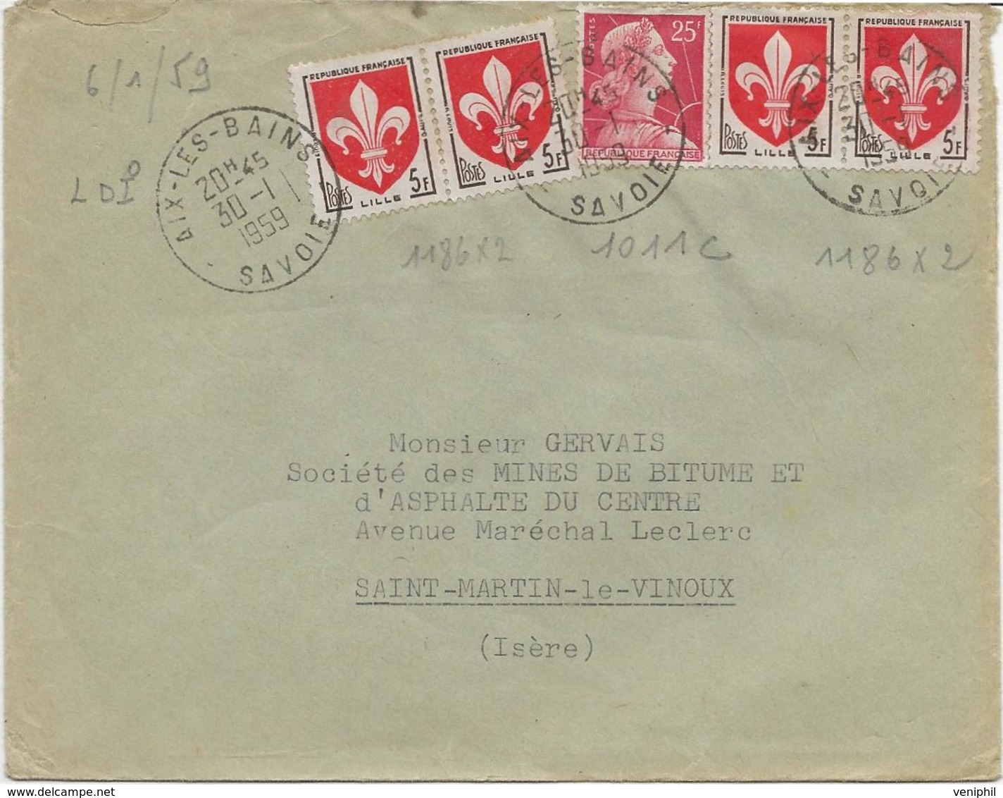 LETTRE AFFRANCHIE N° 1011C +N° 1186 X 4  OBLITEREE CAD AIX LES BAINS -SAVOIE 1959 - Industrie