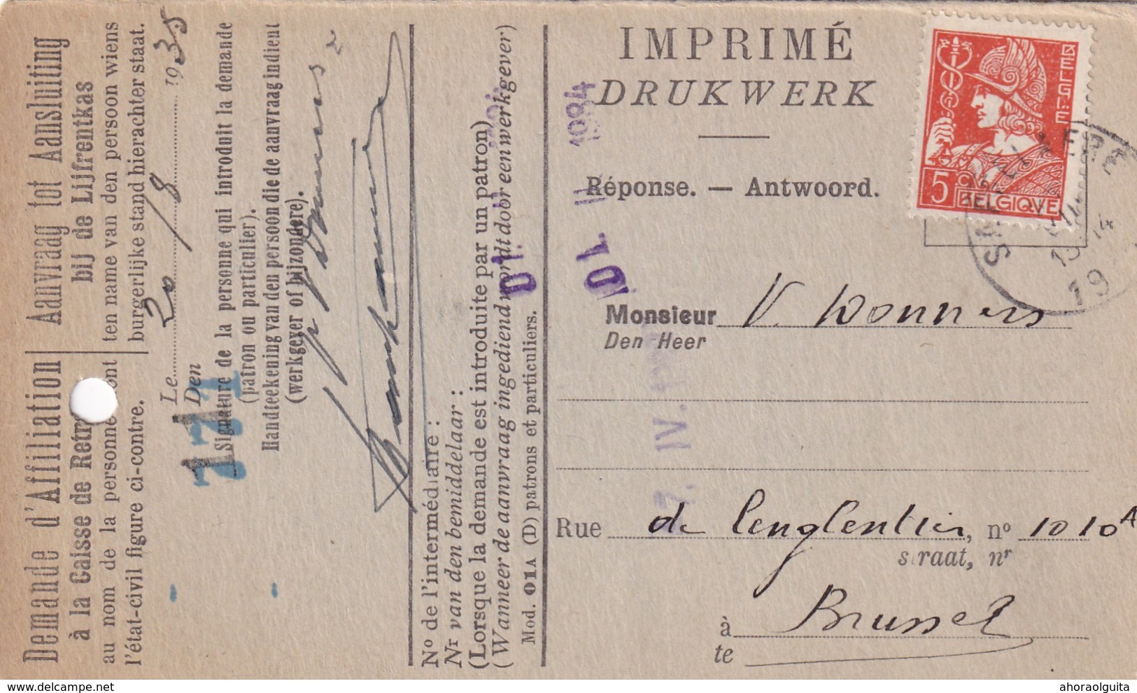 DDW 912  --  Carte Caisse D' épargne TP Mercure SAFFELAERE 1935 - Verso Griffe Et Cachet Gemeentebestuur Saffelaere - 1932 Ceres And Mercurius