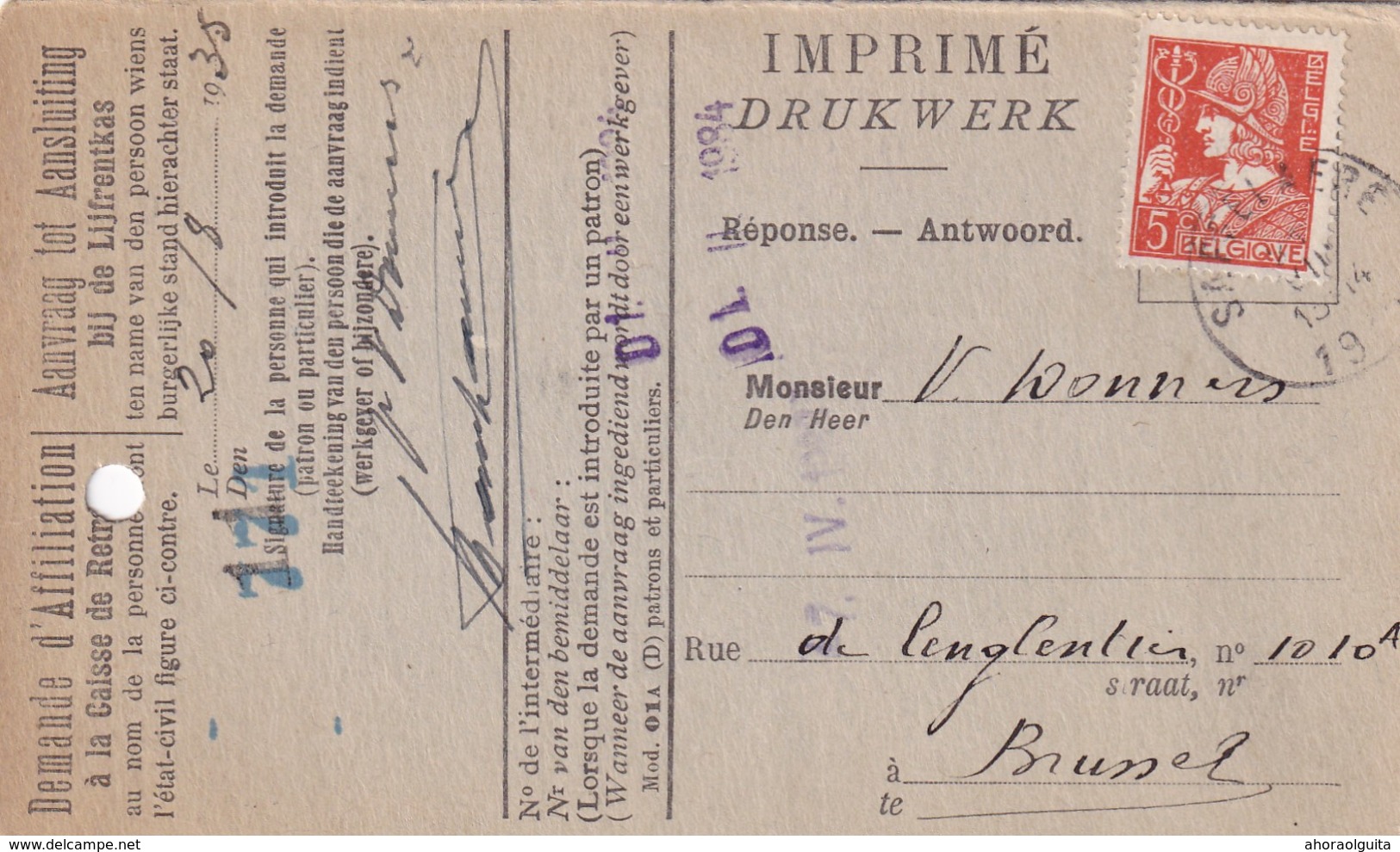 DDW 912  --  Carte Caisse D' épargne TP Mercure SAFFELAERE 1935 - Verso Griffe Et Cachet Gemeentebestuur Saffelaere - 1932 Ceres Y Mercurio