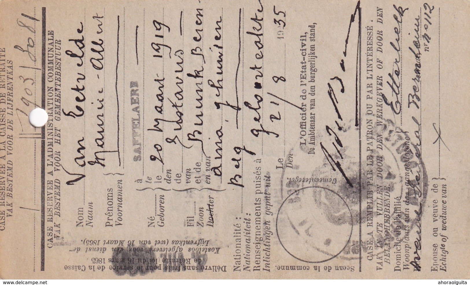 DDW 912  --  Carte Caisse D' épargne TP Mercure SAFFELAERE 1935 - Verso Griffe Et Cachet Gemeentebestuur Saffelaere - 1932 Cérès Et Mercure