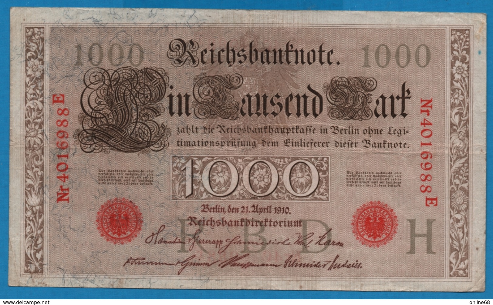 DEUTSCHES REICH 	1000 Mark 	21.04.1910	# 2101743H  P# 44b - 1000 Mark