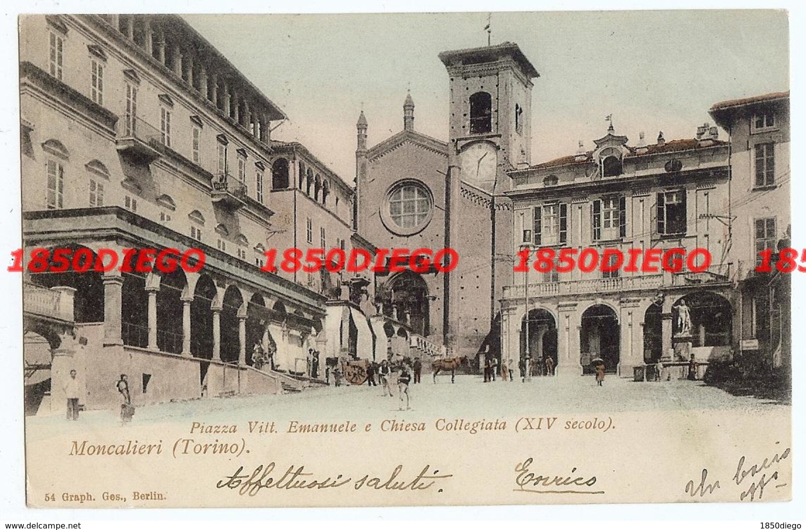 MONCALIERI - PIAZZA VITT. EMANUELE E CHIESA F/PICCOLO VIAGGIATA 1903? ANIMAZIONE - Moncalieri