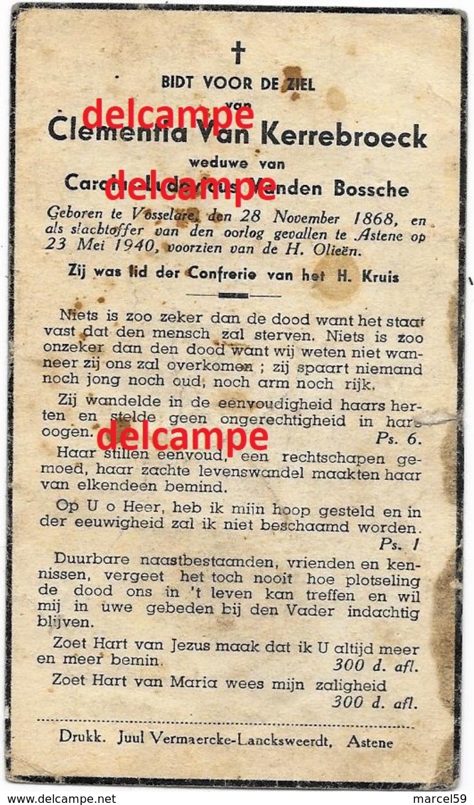 Oorlog Guerre Clementia Van Kerrebroeck Vosselare 1868 Gesneuveld Bombardement Te Astene 23 Mei 1940 Deinze - Devotion Images