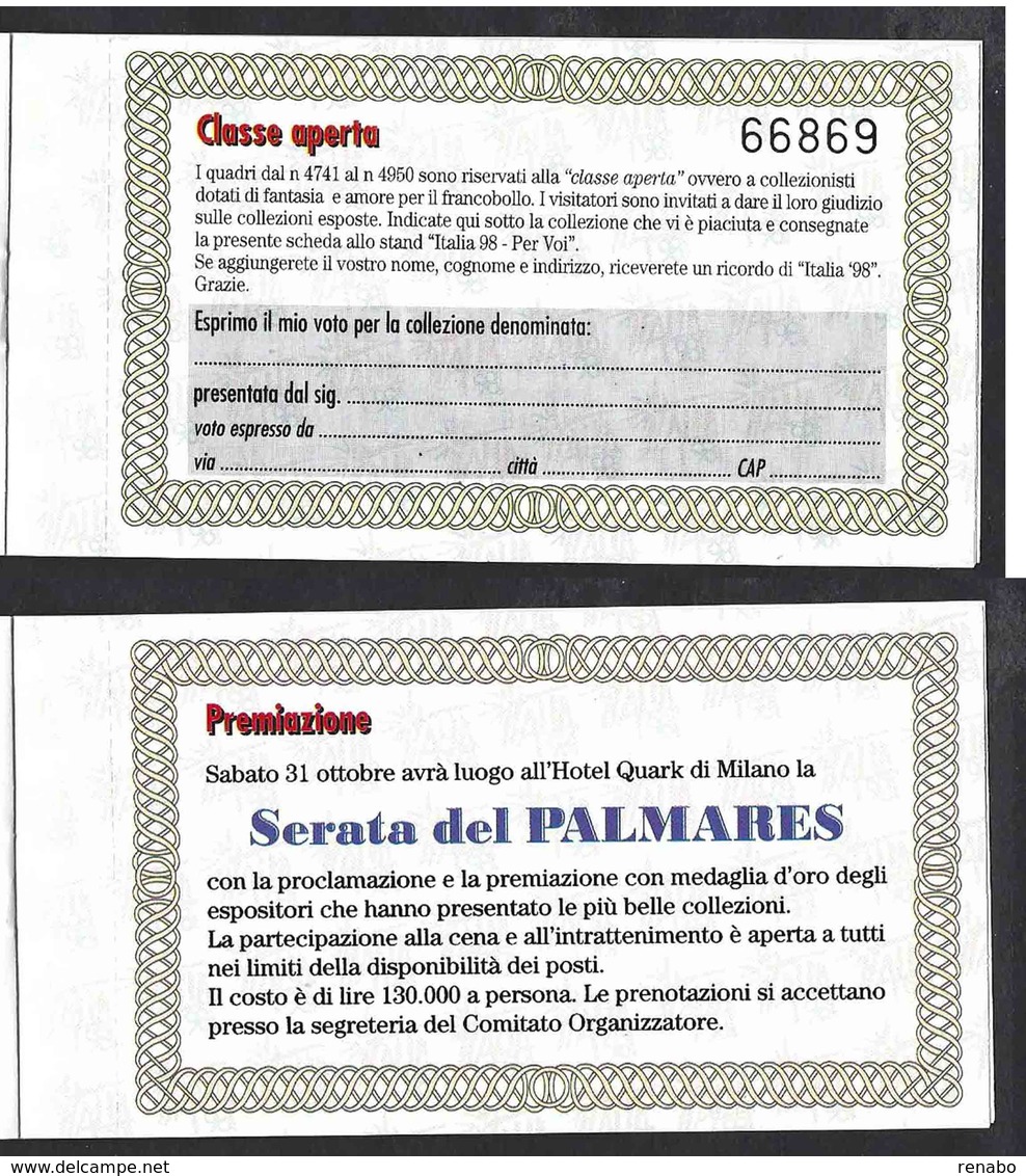 Italia 1998; “Italia ‘98”: Biglietto Di Ingresso + Libretto Con Offerte Della Esposizione Mondiale Di Filatelia. - 1991-00: Nieuw/plakker