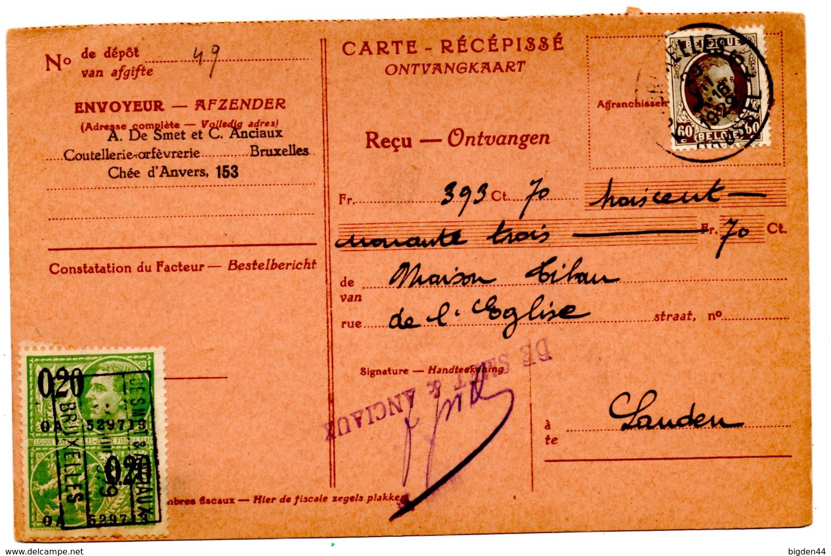 Carte Récepissé Rcu De Bruxelles (29.07.1929) Pour Landen Taxes Fiscales - 1929-1941 Grand Montenez