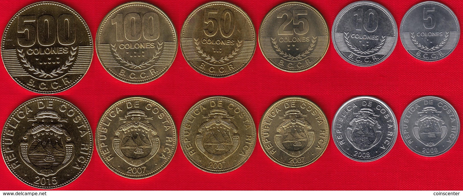 Costa Rica Set Of 6 Coins: 5 - 500 Colones 2007-2015 UNC - Costa Rica