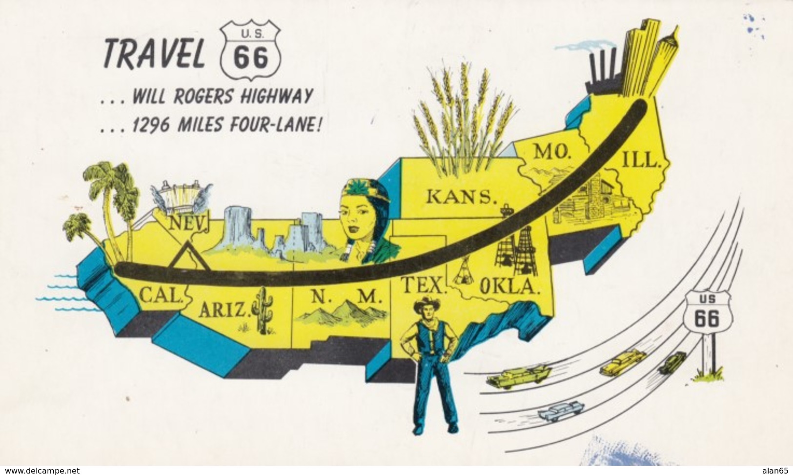 Route 66 Map, Joshua Motel Yucca Arizona Stamped On Back, C1950s/60s Vintage Postcard - Ruta ''66' (Route)