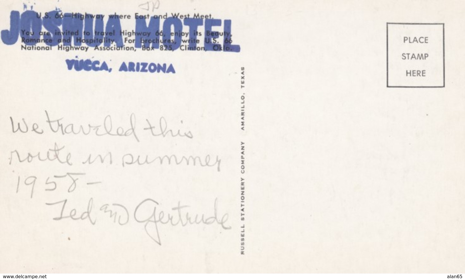 Route 66 Map, Joshua Motel Yucca Arizona Stamped On Back, C1950s/60s Vintage Postcard - Route ''66'