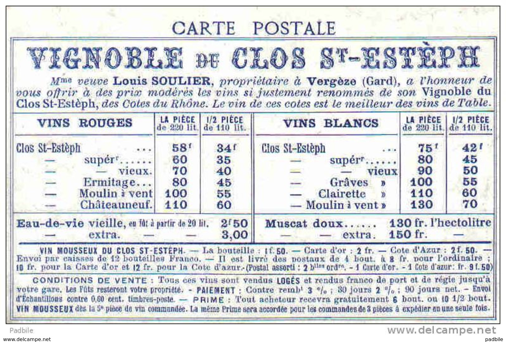 Carte Postale 30.  Vergèze  Mme Veuve Louis Soulier Prop.du Vignoble Du Clos St-Estèph Trés Beau Plan - Vergèze