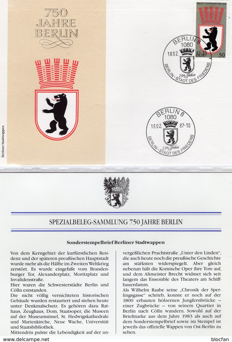 750 Jahre Berlin 1987 DDR 2817 FDC 5€ Auf Spezial-Brief Stadtwappen SST 1080 Berliner Bär Waps Cover Of GDR Germany - Cartas & Documentos