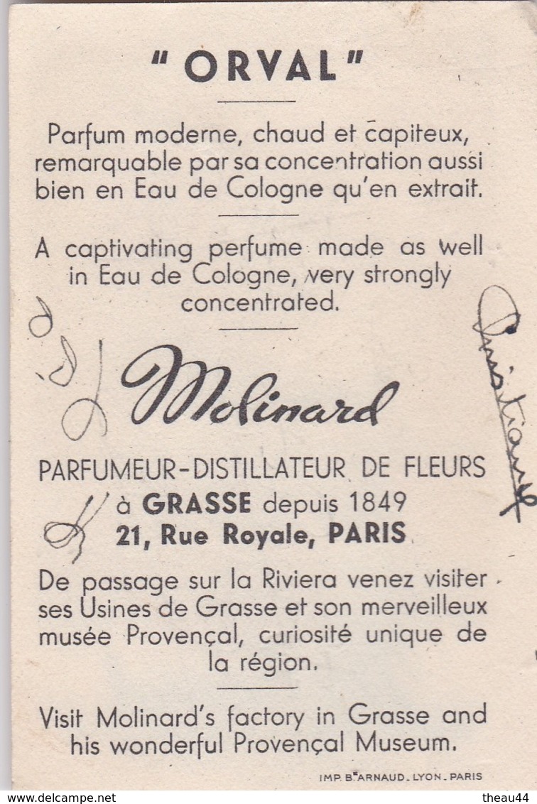 Carte Parfumée  -  Publicitaire (1960)  -  Parfum " ORVAL " Maison " MOLINARD "  - Voir Description - Anciennes (jusque 1960)