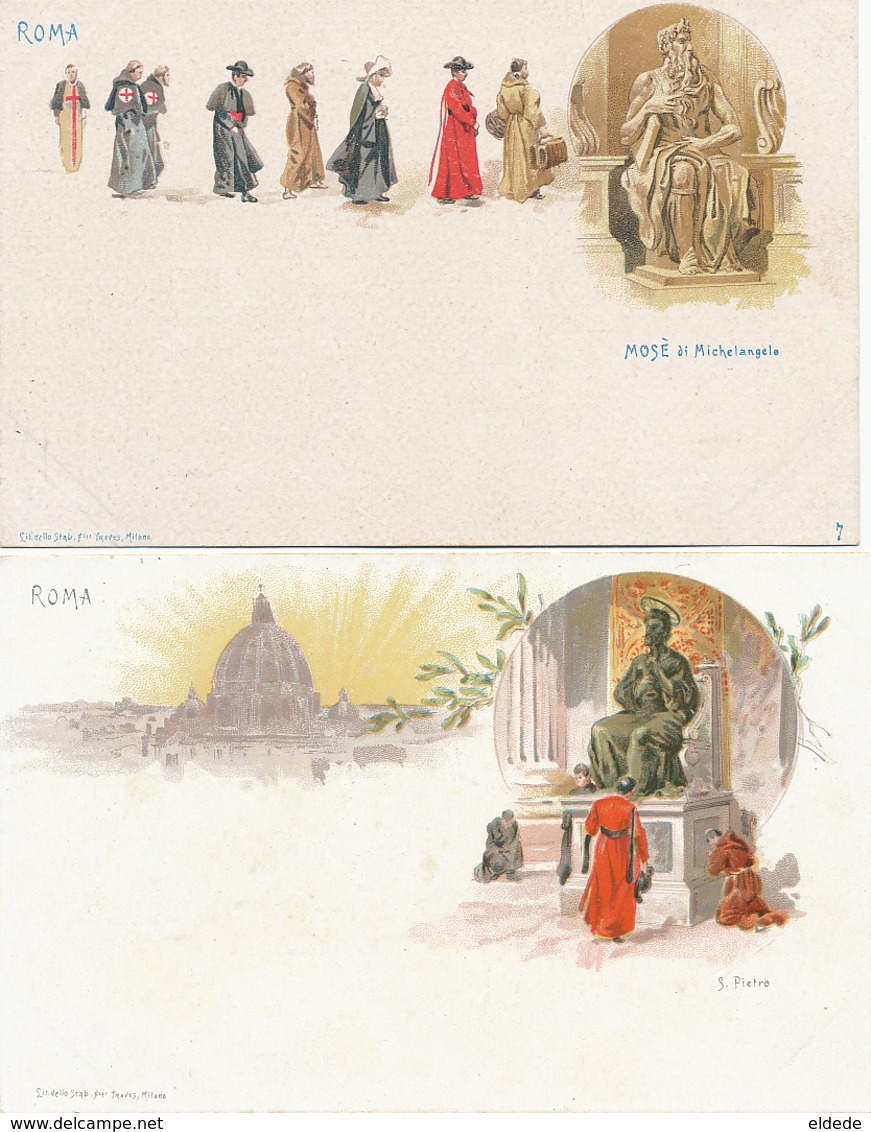 Roma 2 Litho Treves Milano Mosè Moise Michelangelo . S. Pietro. Undivided Back - Collections & Lots