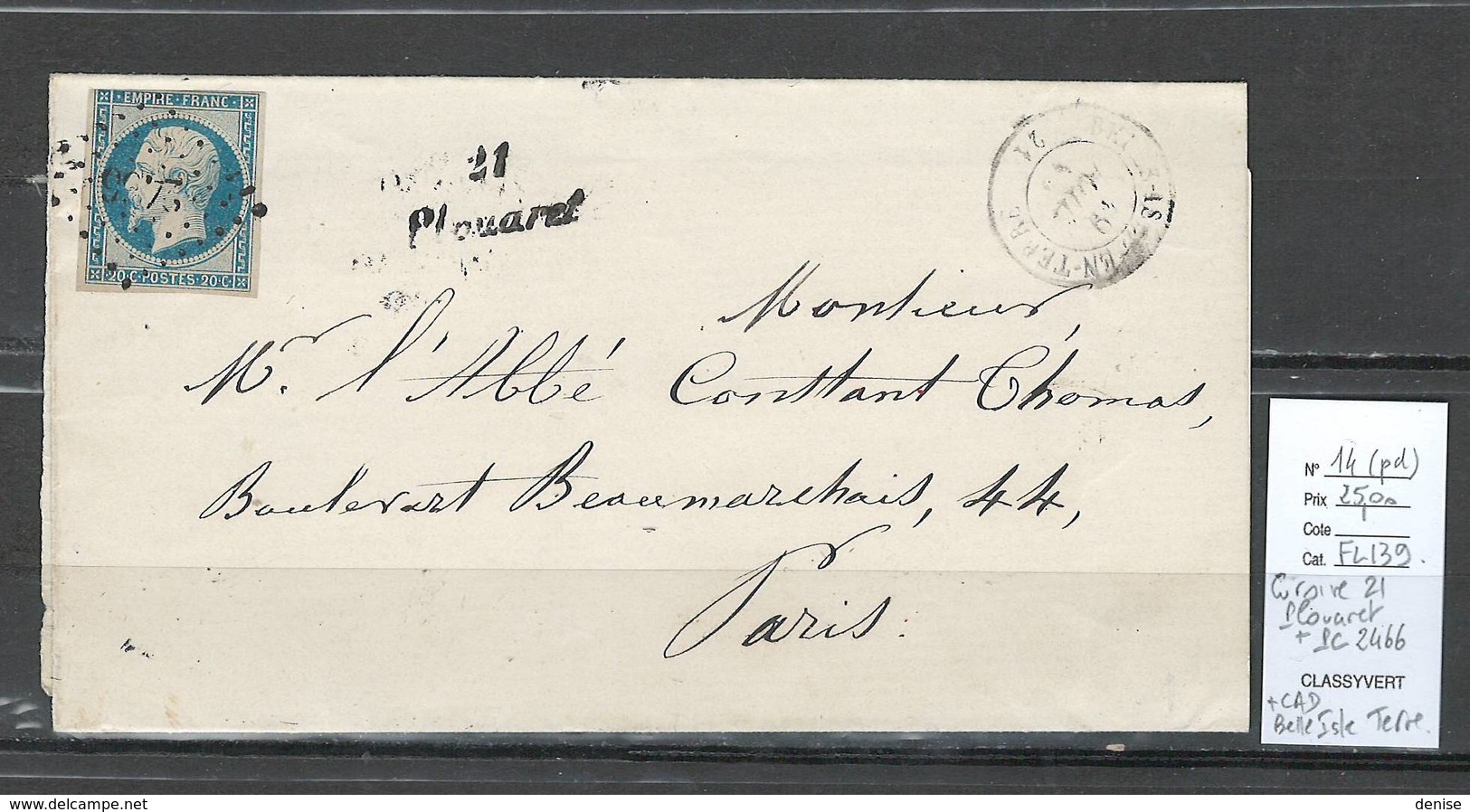 France - Lettre Avec Cursive - 21 PLOUARET - Pc 2466 Et Cad Belle Isle En Terre - Cotes Du Nord - 1849-1876: Classic Period