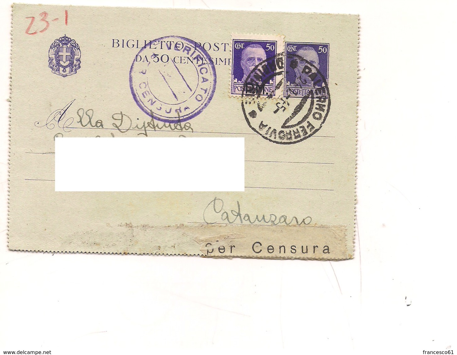 3570) Biglietto Postale 50c Imperiale + Gemello SOVRASTAMPATO PM  24-1-45 PALERMO CATANZARO - Marcofilía