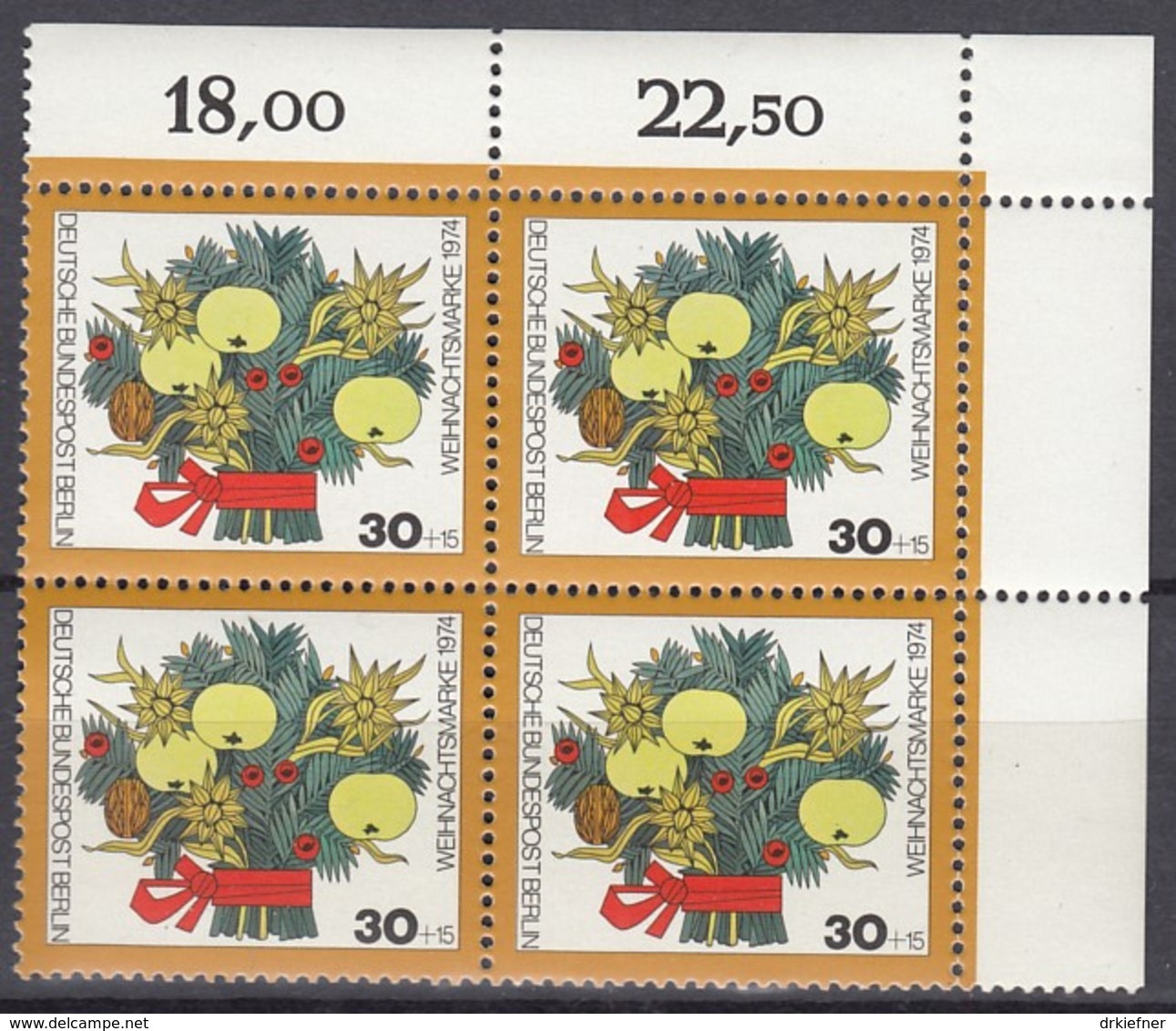 BERLIN 481,  4erBlock Eckrand Oben Rechts, Postfrisch **, Weihnachten 1974 - Ungebraucht