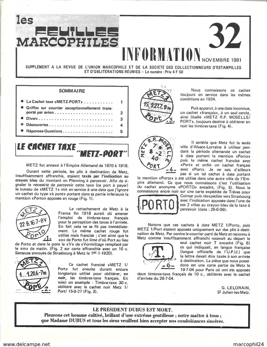 FEUILLES MARCOPHILES Information - N° 32 1981 = METZ + GRIFFES Sur Courrier Exceptionnellement Transporté Par AVION - Frans