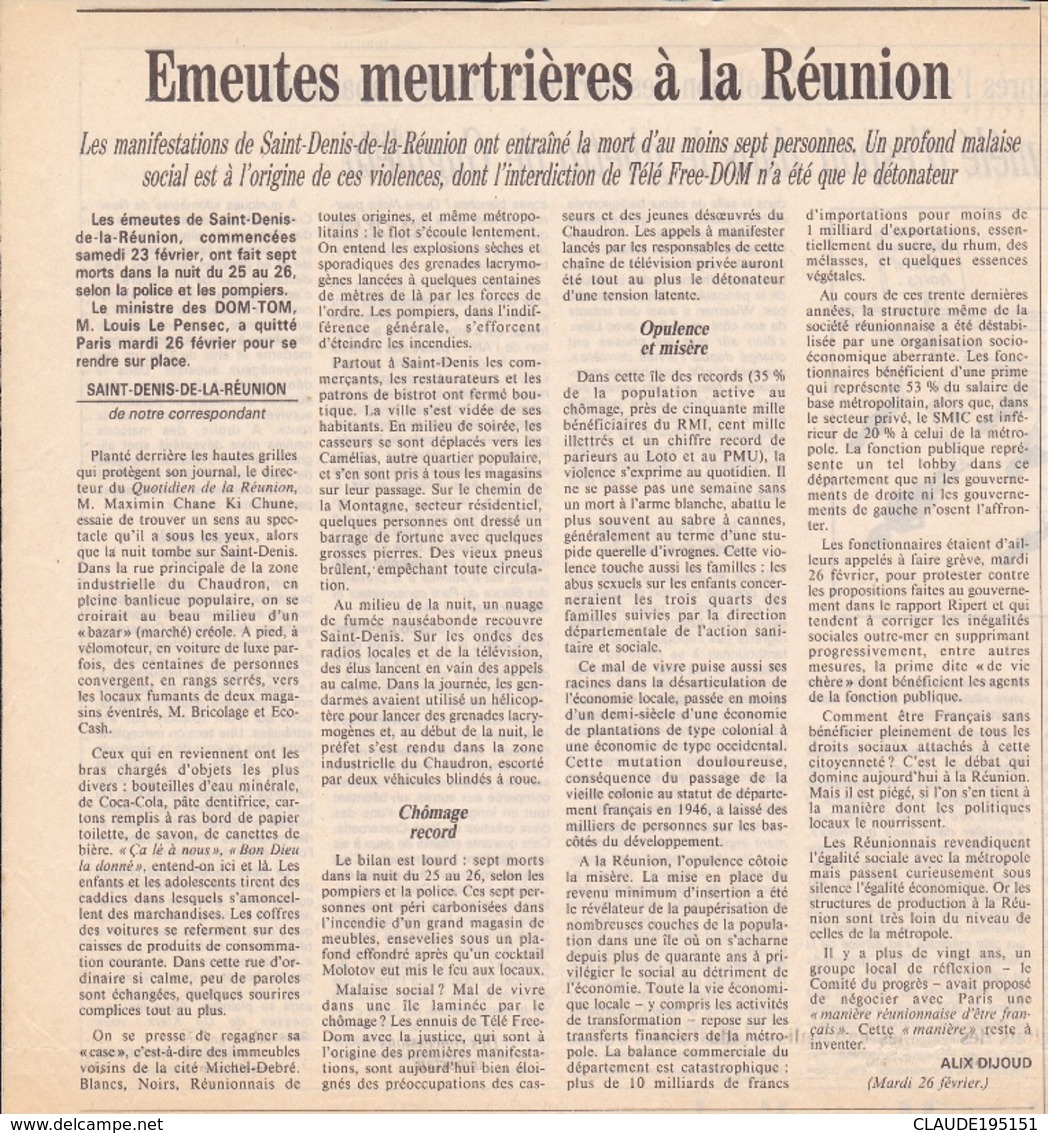 LA CASSURE        EMEUTES A SAINT DENIS DE LA REUNION      DU 23-27 FEVRIER 1991 - Outre-Mer