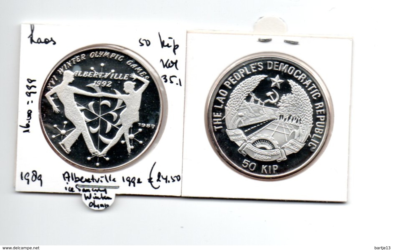 LAOS 50 KIP 1989 SILVER PROOF ALBERTVILLE 1992 ICE DANCING - Laos