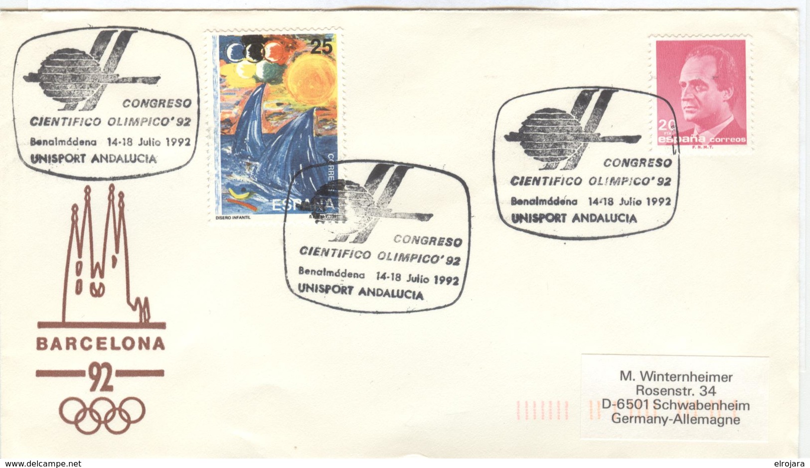 SPAIN Olympic Cover With Olympic Stamp And Handcancel Benalmddena Science Olympic Congress - Summer 1992: Barcelona