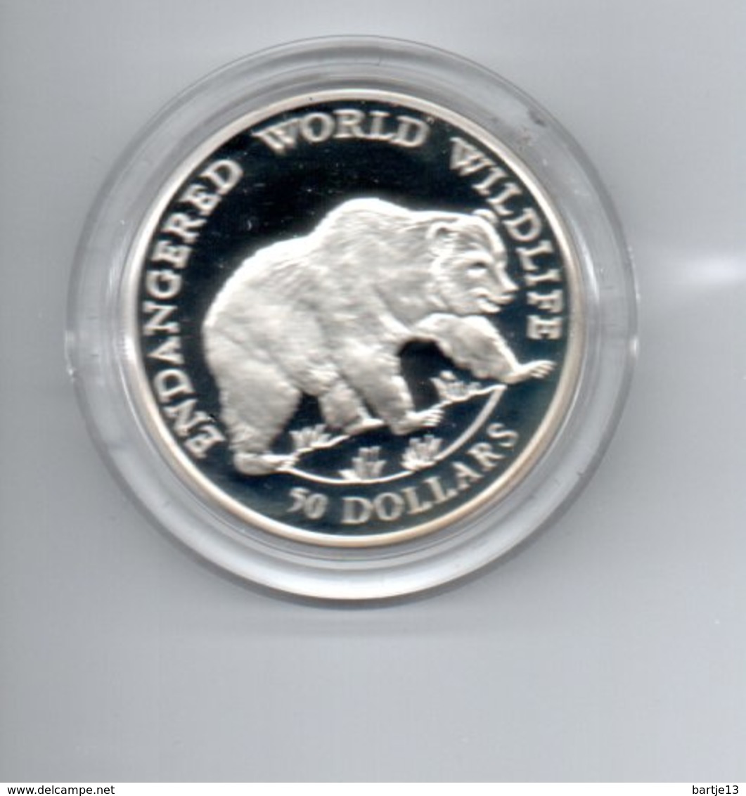 COOK ISLAND 50 DOLLARS 1990 ZILVER PROOF ENDANGERED WORLD LIFE GRIZZLY BEAR - Islas Cook