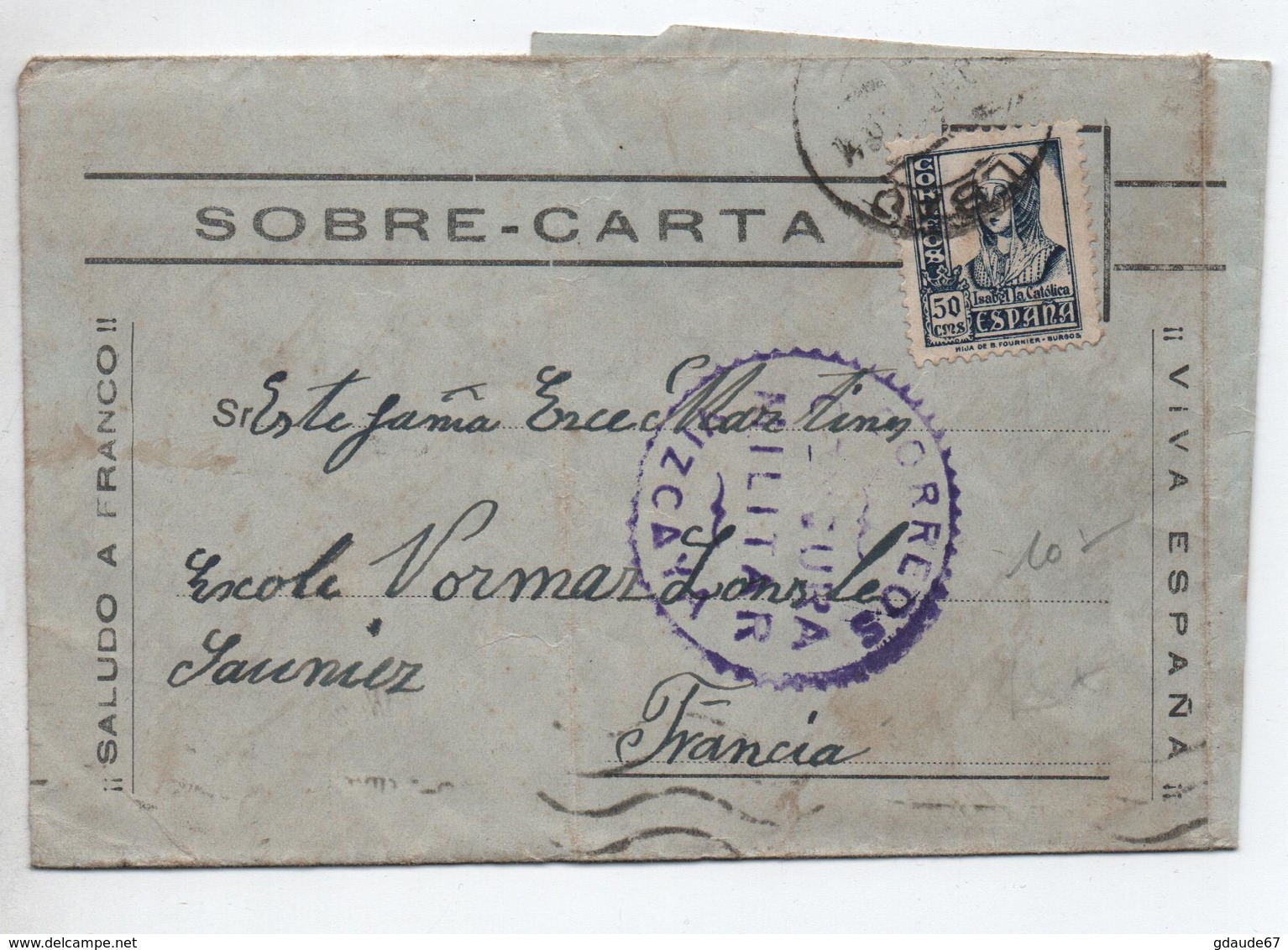 1937 - CACHET "CENSURA MILITAR VIZCAYA" Sur SOBRE CARTE Pour LONS LE SAUNIER (JURA) - Storia Postale