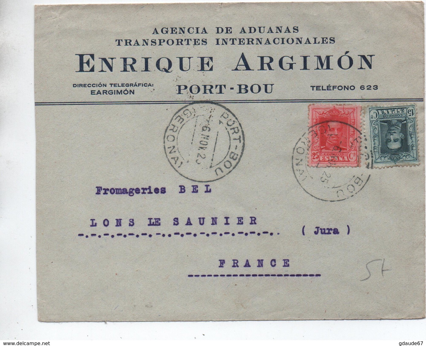 1925 - ENVELOPPE COMMERCIALE De PORT BOU Pour LONS LE SAUNIER (JURA) - Cartas & Documentos