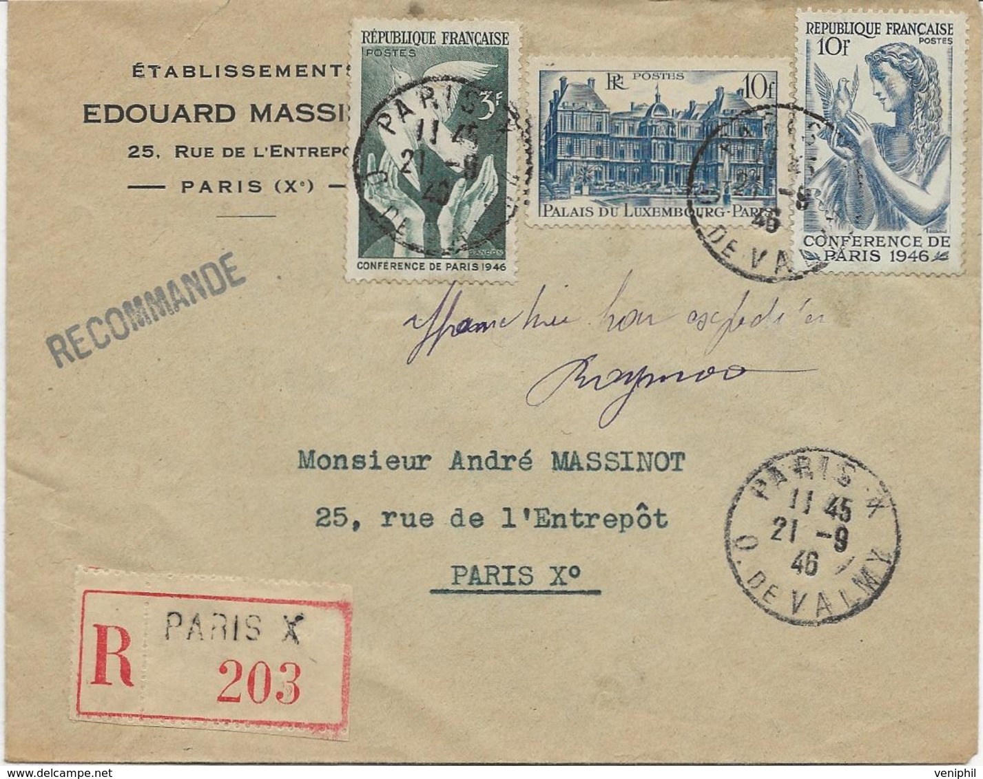 LETTRE AFFRANCHIE N° 760-761-762 -OBLITERE CAD PARIS Xe - 1946 - Handstempel