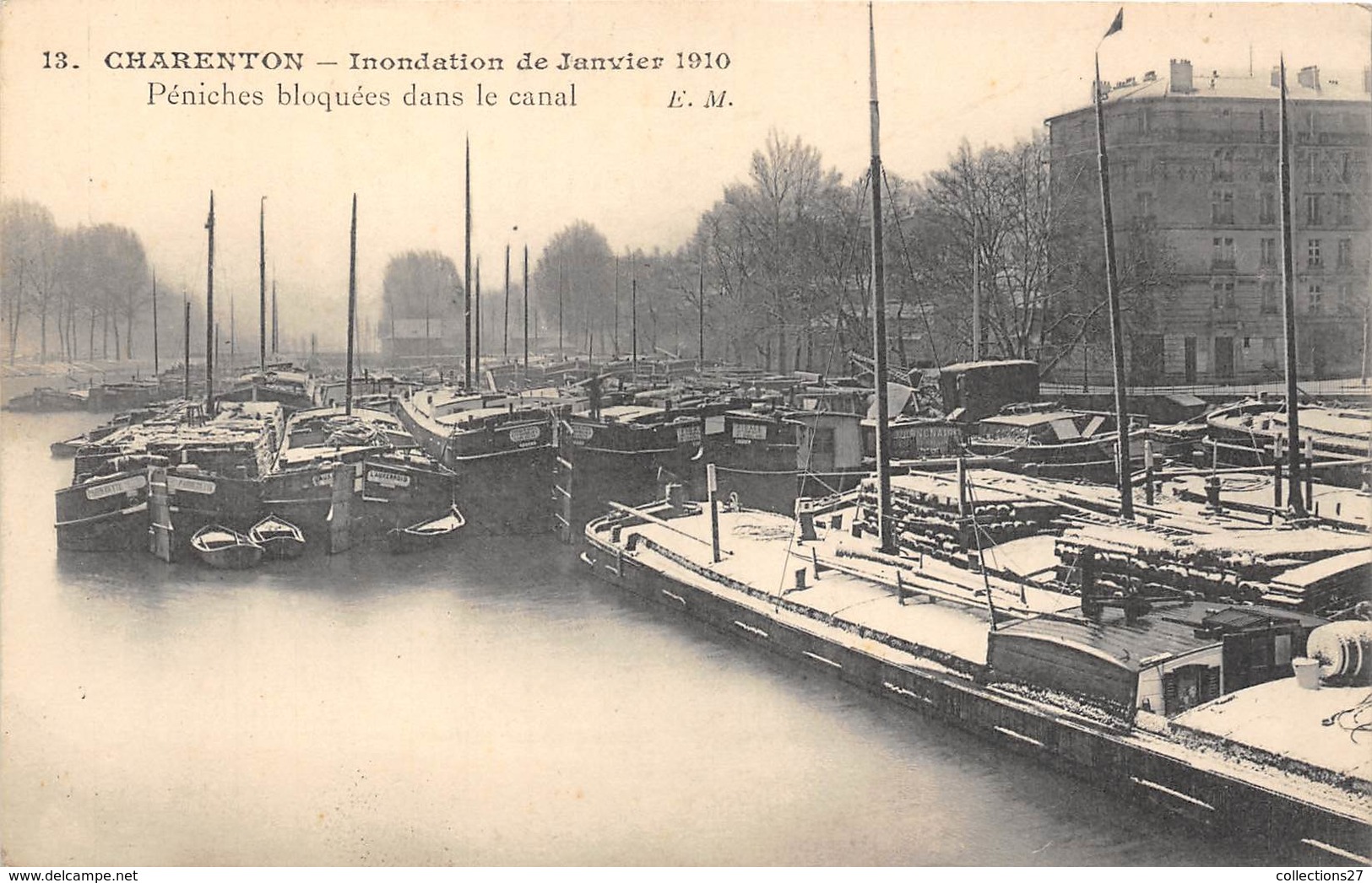 94-CHARENTON-INONDATION DE JANVIER 1910, PENICHES BLOQUEES DANS LE CANAL - Charenton Le Pont