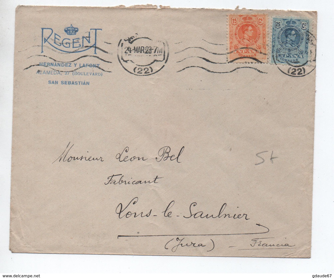1923 - ENVELOPPE COMMERCIALE De SAN SEBASTIAN Pour LONS LE SAUNIER (JURA) - Brieven En Documenten