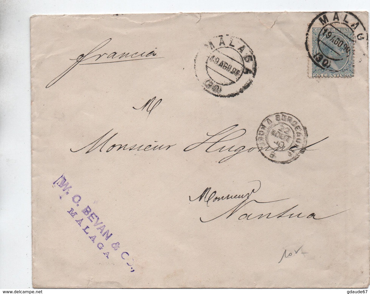 1890 - ENVELOPPE De MALAGA Pour NANTUA - Cartas & Documentos