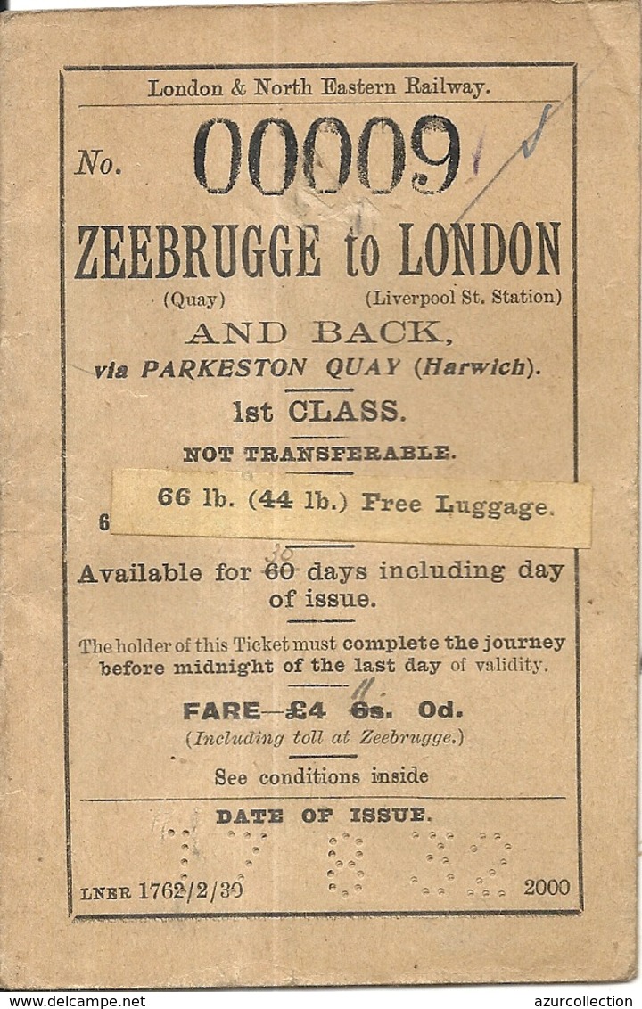 ZEEBRUGGE A LONDRES . 1ERE CLASSE . 1930 . BELGIQUE - Europa