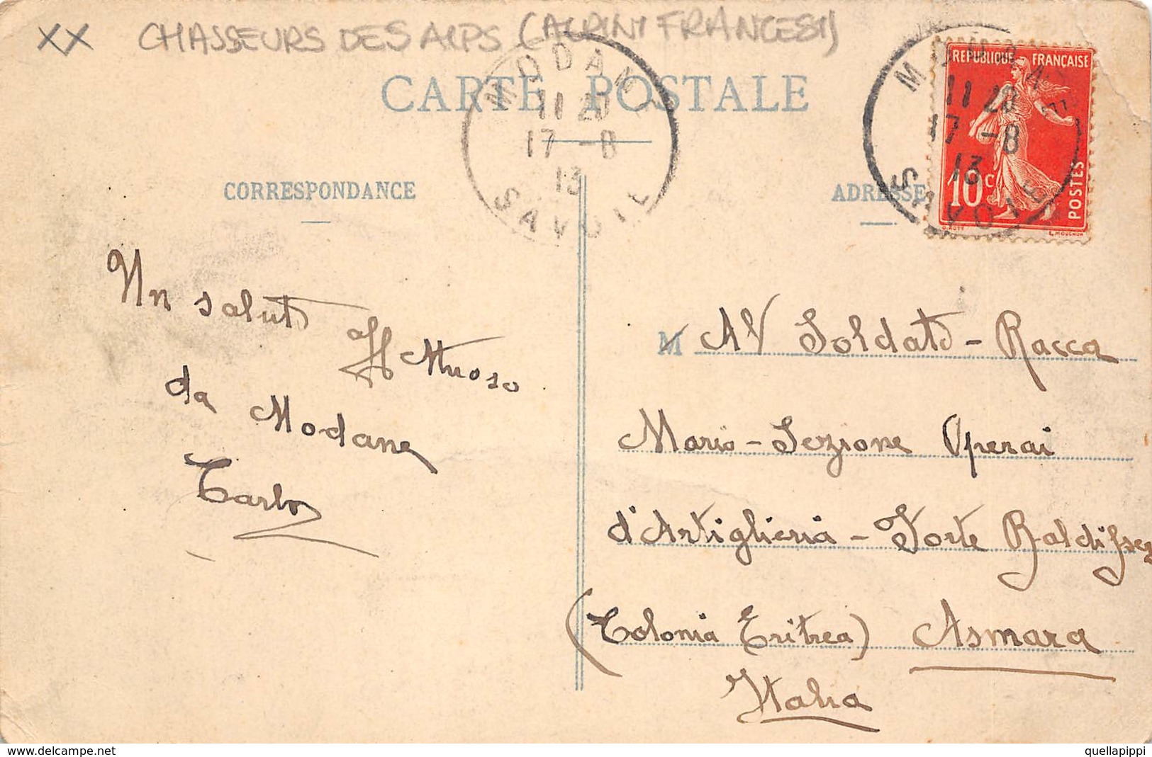 010201 "MANCEUVRES D'ARTILLERIE DANS LES ALPES - ALPINI FRANCESI - ASMARA - COLONIA ERITREA"  CART  SPED 1913 - Erythrée