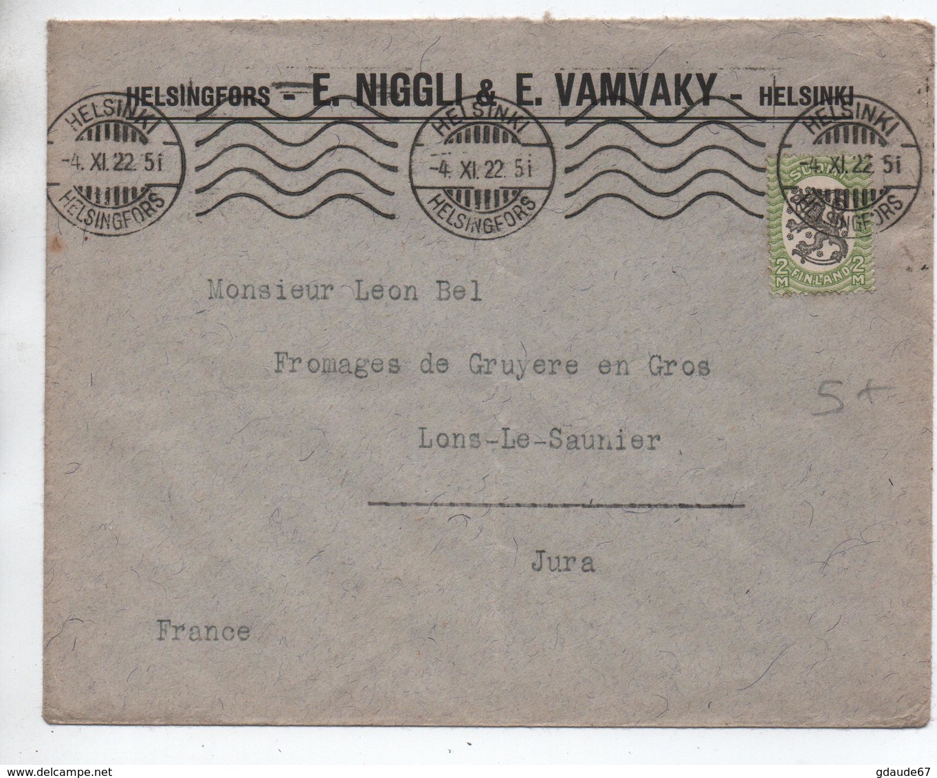 1922 - ENVELOPPE COMMERCIALE De HELSINKI (SUOMI FINLAND) Pour LONS LE SAUNIER (JURA) - Briefe U. Dokumente