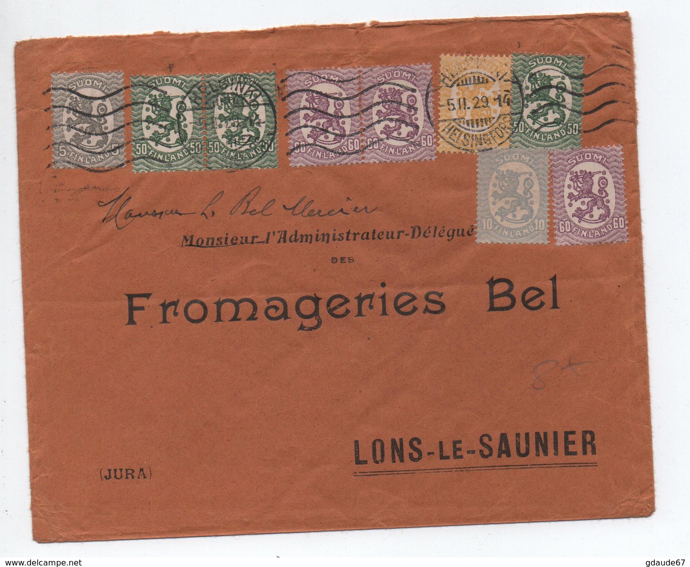 1929 - ENVELOPPE De HELSINKI (SUOMI FINLAND) Pour LONS LE SAUNIER (JURA) - Lettres & Documents