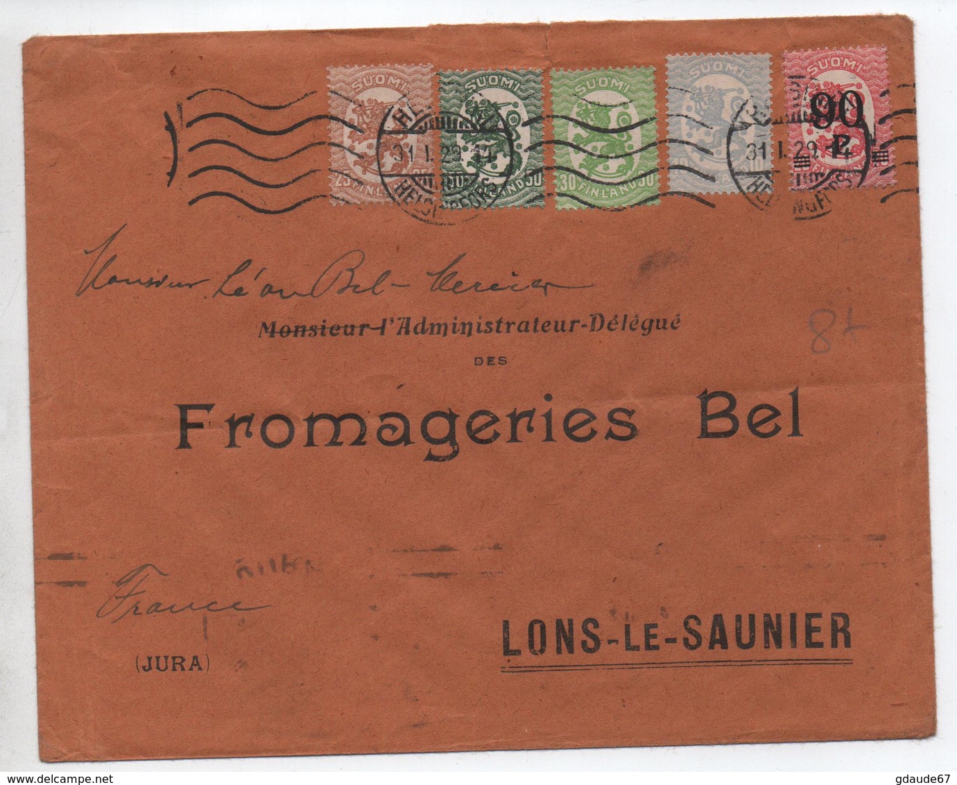 1929 - ENVELOPPE De HELSINKI (SUOMI FINLAND) Pour LONS LE SAUNIER (JURA) - Lettres & Documents