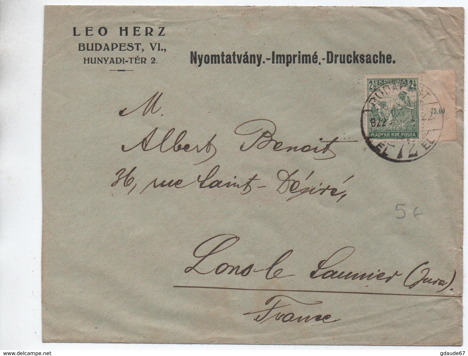 1922 - ENVELOPPE COMMERCIALE De BUDAPEST Pour LONS LE SAUNIER (JURA) - Cartas & Documentos