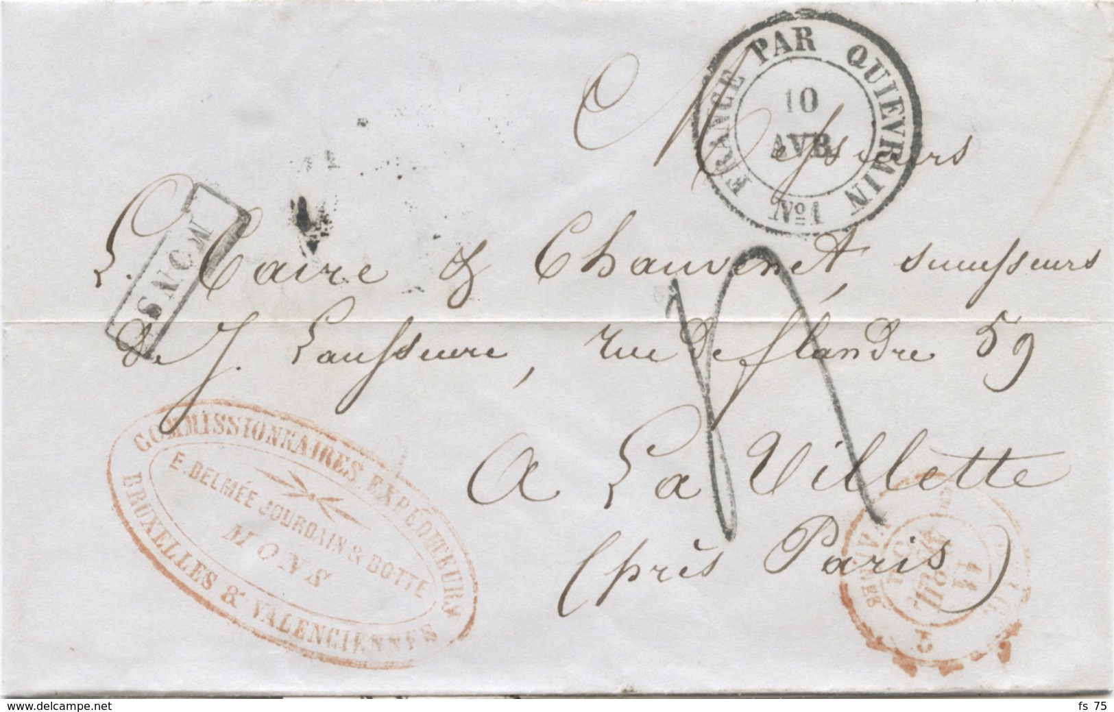 BELGIQUE - CAD D'AMBULANT FRANCE PAR QUIEVRAIN N°1 + GRIFFE MONS SUR LETTRE AVEC TEXTE POUR LA FRANCE, 1854 - Ambulantes