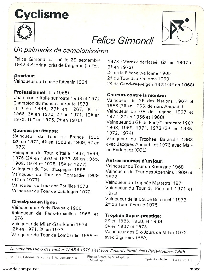 Fiche Cyclisme Felice GIMONDI Editions Rencontre 1977 Format 16 X 12 Cm - Sports